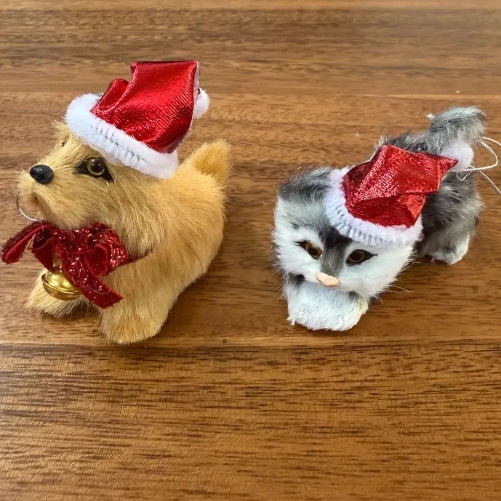 Christmas Ornaments Furry Dog and Cat with Santa Hats
